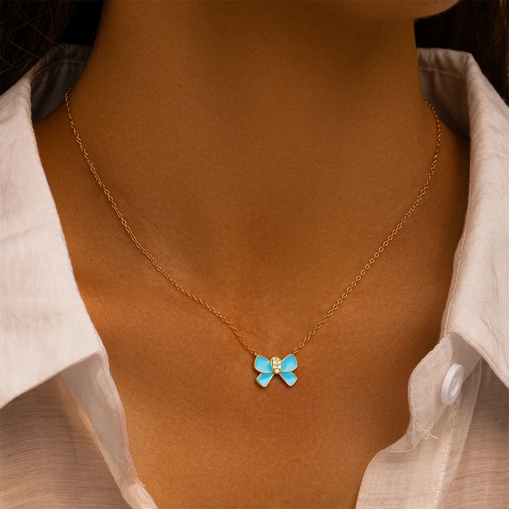 ROXI  925 Sterling silver Round Zircon/Enamel bowknot Pendant For Necklace Summer Clavicle Chain Wedding Party Fine Jewelry Gift