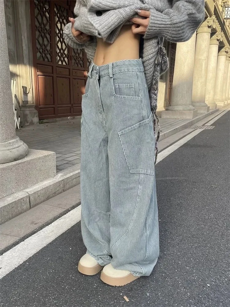 

Women American Retro Design Scimitar Baggy Jeans Wide Leg Striped Stripe Casual Denim Pants