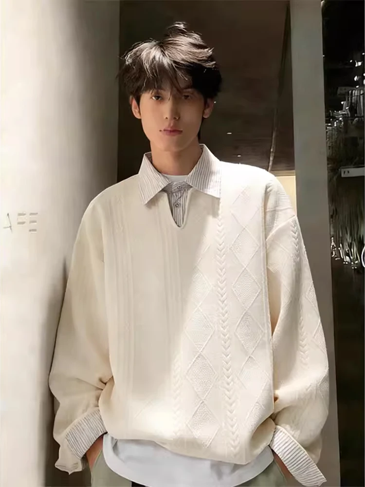 

Men's Long Sleeve Sweatshirt Shirt Collar Jacket Fake Two-Piece Stripe Pattern Spring Autumn Casual Wear Teenage Fashion