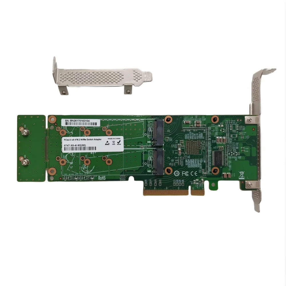 PCIe 3.0 X 8 4-port M.2 NVMe SSD Switch Adapter Card with PLX 8747, supporting 22110mm M.2 SSD-