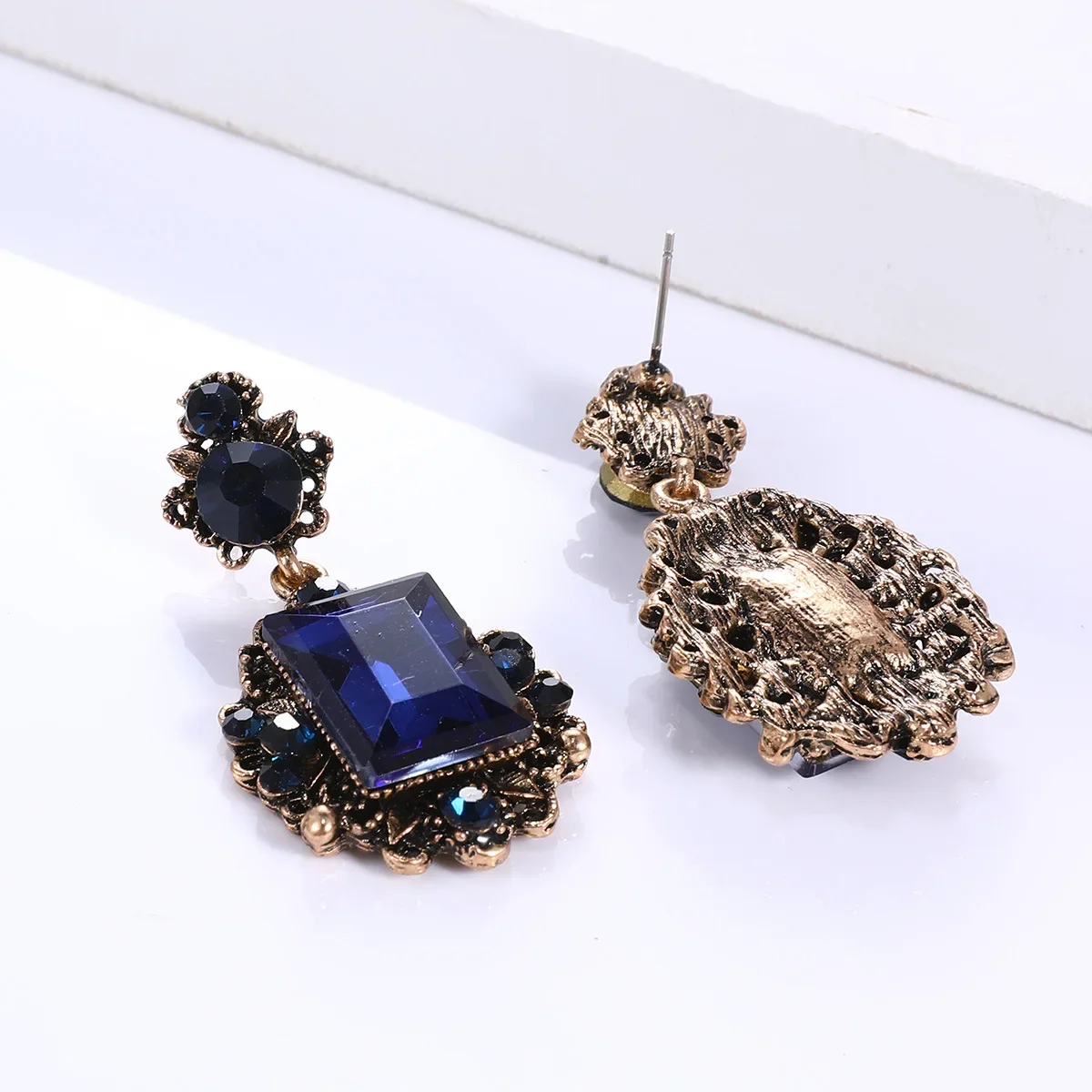 Retro Antiqued Bronze Deep Green Chunky Stone Pendant Dark Blue Big Drop Earring for Women Girls Vintage Jewelry