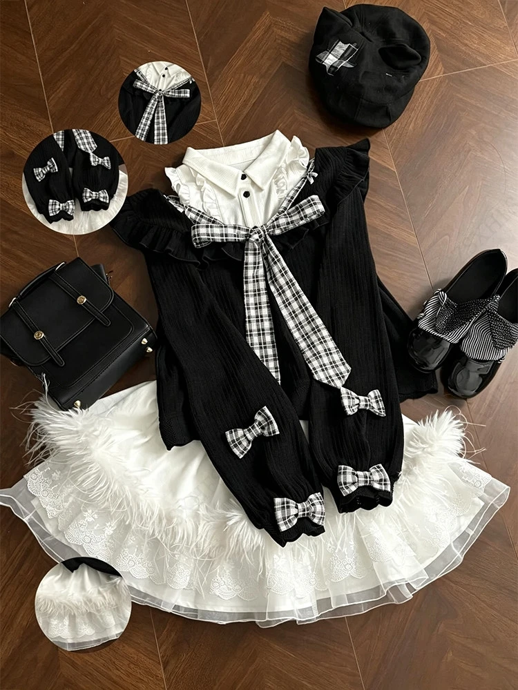 Gothic Bows Fake two-piece Long sleeves Early Spring Gentle Vintage Design Trendy Top Ballet Style Lace Half Skirt Two Piece Set