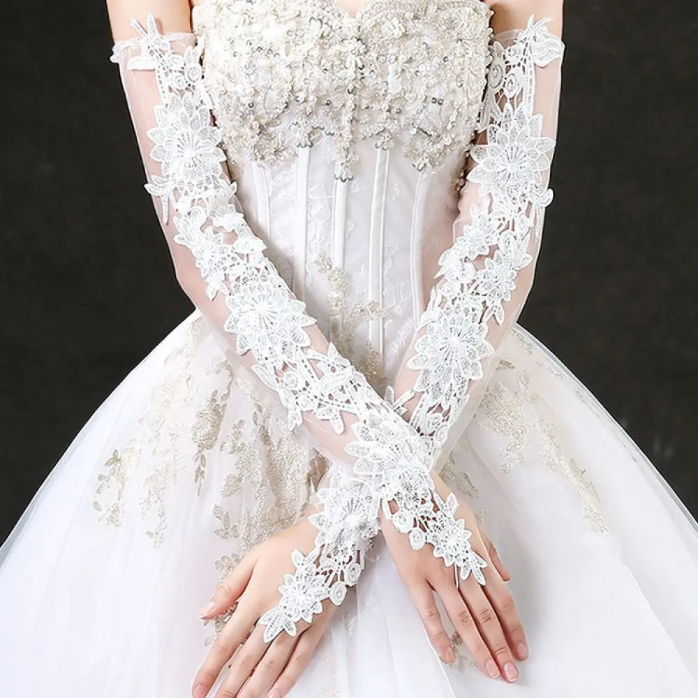 Long Sheer Lace Bridal Sleeves White Wedding Gloves Hollow Out Breathable Mesh For Evening Formal Dress