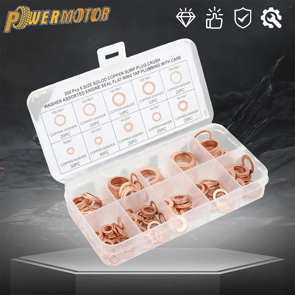 100 200 PCS Pure Copper Gasket Seal Assortment Set Flat Universal Ring Oil Drain Plug Sealing Crush Washers Assortment Kit