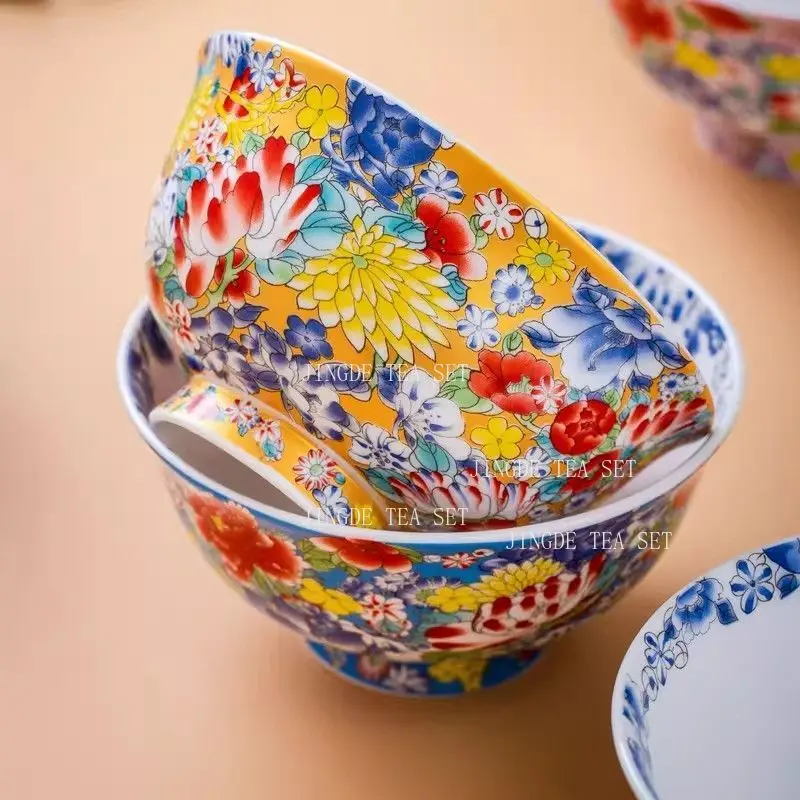 Chinese Enamel Floral Porcelain Noodle Bowl Full Painted Hundred Flowers Pattern Bone Cereal Soup Bowl Palace Style Multi Color