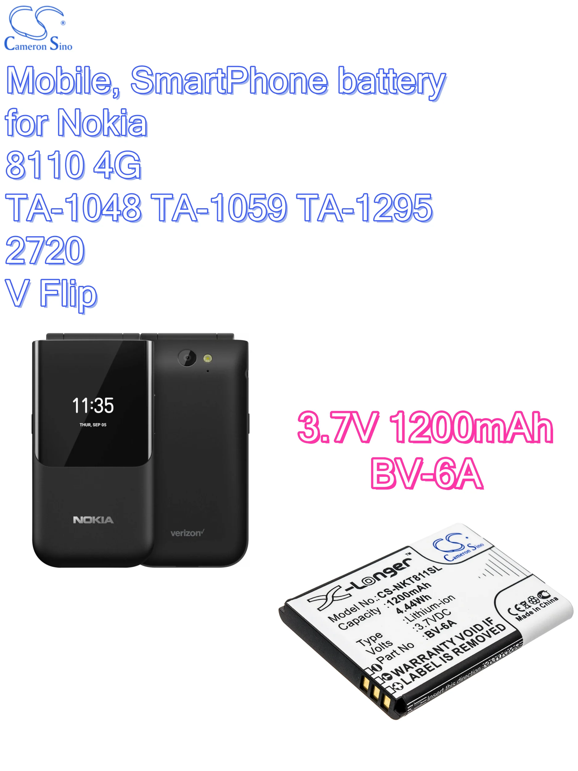 battery Cameron sino Mobile, SmartPhone 3.7V 1200mAh for Nokia  8110 4G TA-1048 TA-1059 2720 V Flip TA-1295 BV-6A CS-NKT811SL