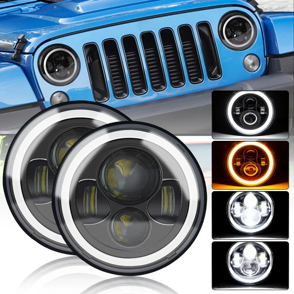 

54W 6000K Modified LED Headlights with Yellow Angel Eyes for Wrangler SUV Motorcycle