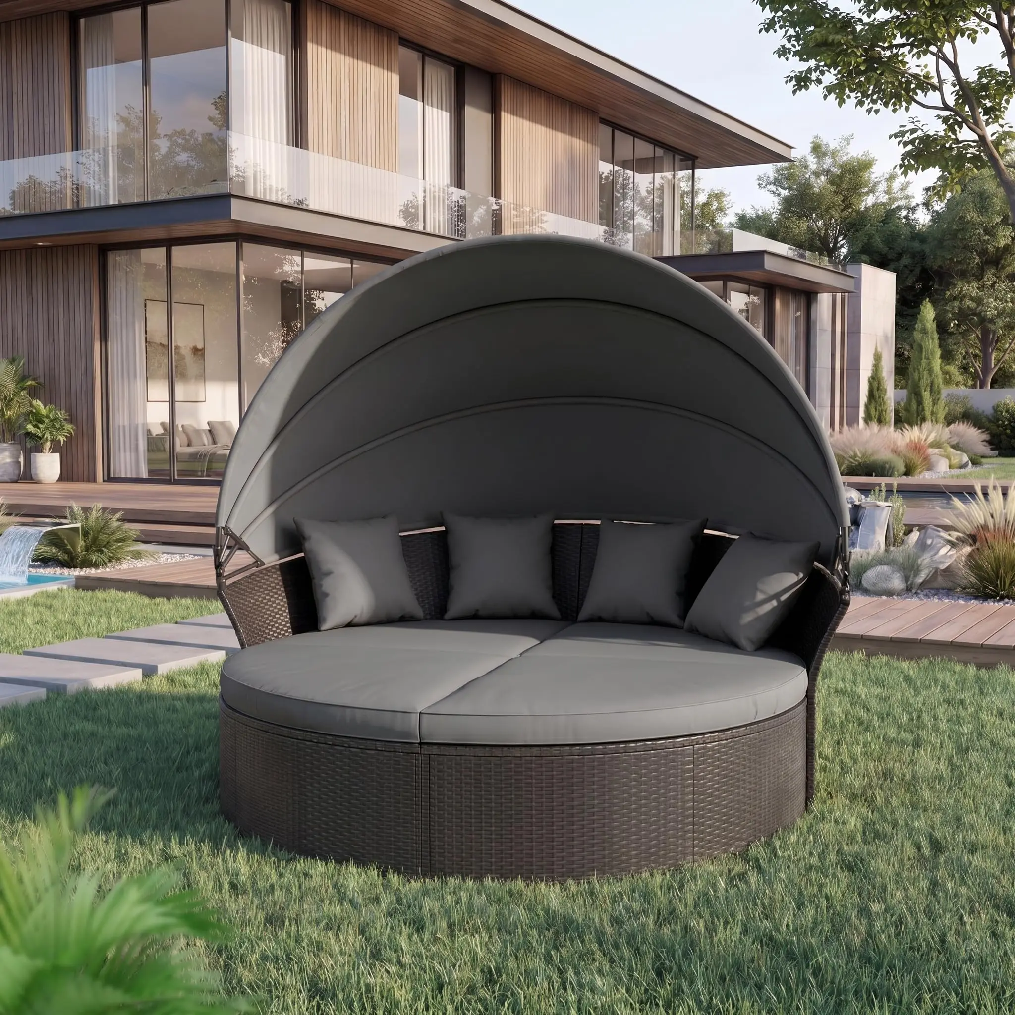 Outdoor Patio Furniture Canopy Daybed Round Sofas, 4 Pieces Seating Separates Cushioned Seats, Black Wicker, Lawn