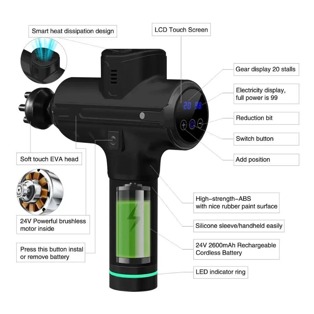 2021 Hot 20 Speed Levels Cordless Body Muscle Vibrator Fascia Adjustable Massage  Brushless