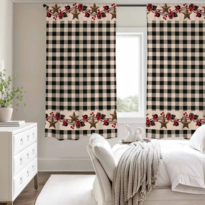 

Шторы в клетку черно-белые с узором в виде ягод и звезд для декора спальни