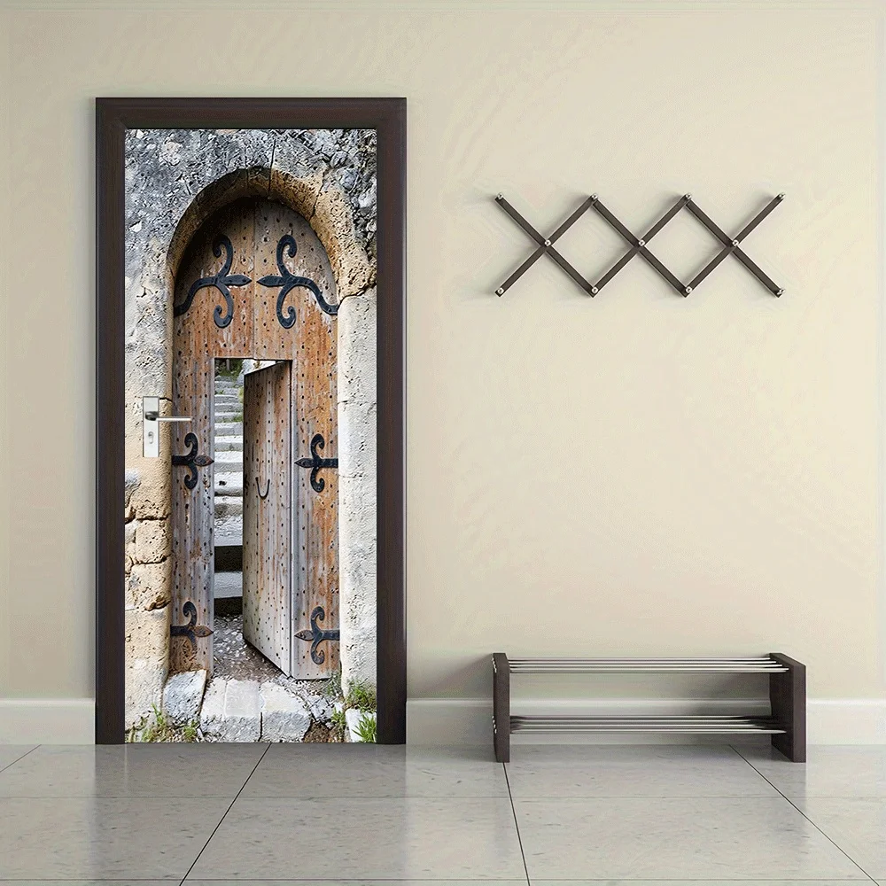 2pcs Retro European Castle Wooden Door Wall Sticker, Simulated Decorative Sticker, Self-adhesive Wallpaper for Living Room, Bedr