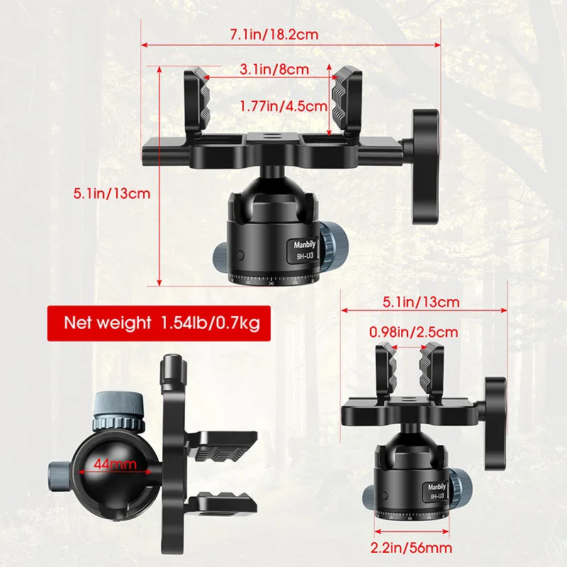 Manbily CNC Aluminum Hunting Saddle with Low Profile 44mm Ball Head for Heavy Duty Tripod Head Max Load 20kg/44lbs