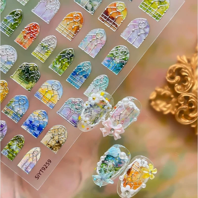 Vintage Stained Glass Church Window Nail Stickers Self‑Adhesive Colorful Oil Painting Art Pattern Nail Decals DIY Manicure Decor