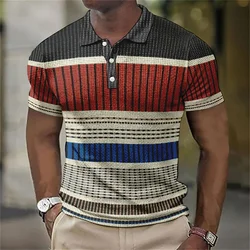 3D Printed Vintage Polo Shirt For Men Color Block Stripes Pattern T-Shirt Summer Casual Oversized Tees Short Sleeves Lapel Tops