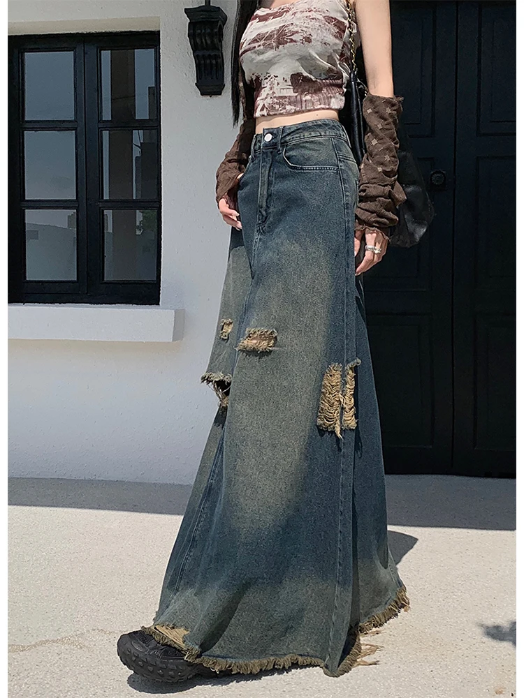 

Women A-line Ripped Denim Skirt Vintage Aesthetic Y2k Long Jean Skirt Harajuku Korean Streetwear Skirt 2000s Clothes Summer 2024