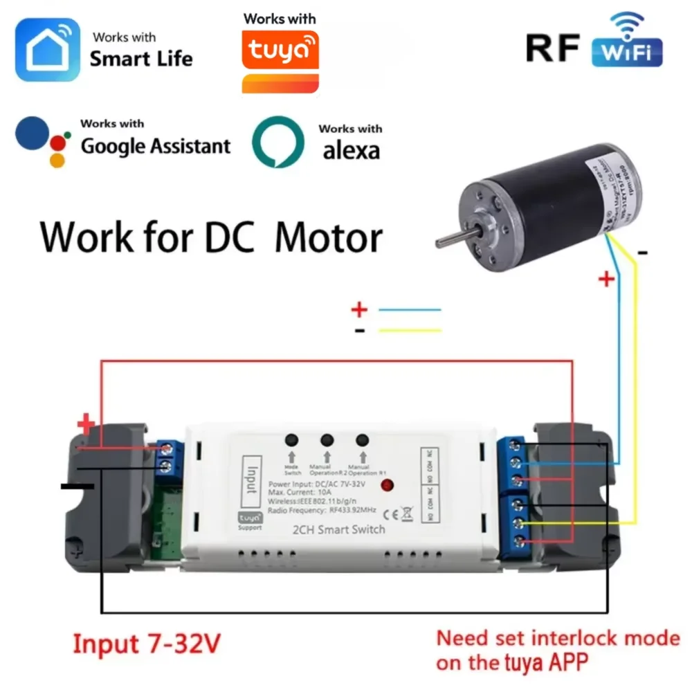 

Smart Wifi Electric Actuator Motor Controller,2CH DC AC12V 24V 220V Switch,RF433 Remote,2CH Pulse Relay Module Works with Tuya