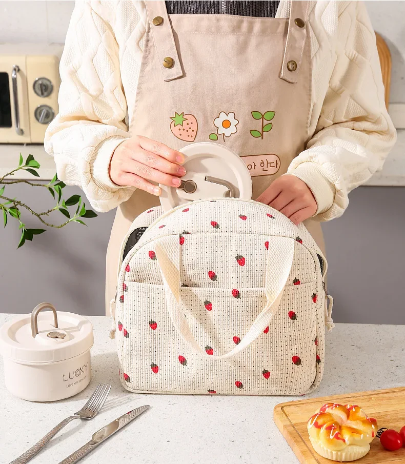 1 Stück Lunch-Tasche mit Isolierung, tragbare, isolierte Lunch-Tasche aus Cord, Erdbeer-Mahlzeitentasche, Eispackung – Detail 10