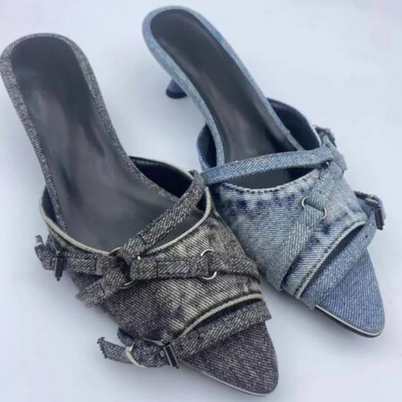 2024 Metal Denim Slippers Peep Toe Retro Slippers 6cm Short Heel Fashion Sandals 35-43 New Punk Rock Music Festival Sexy Sandals