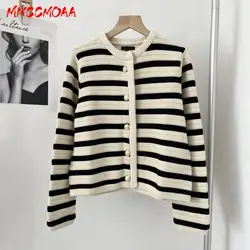 MNCCMOAA 2024 Spring Autumn Women Fashion Round Neck Striped Knitted Sweater Cardigans Female Casual Long Sleeve Versatile Tops