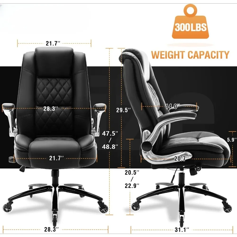 Chaise de bureau à dossier haut, bras rabattables, support lombaire intégré réglable, optique, base en métal rembourrée, roues silencieuses, design ergonomique