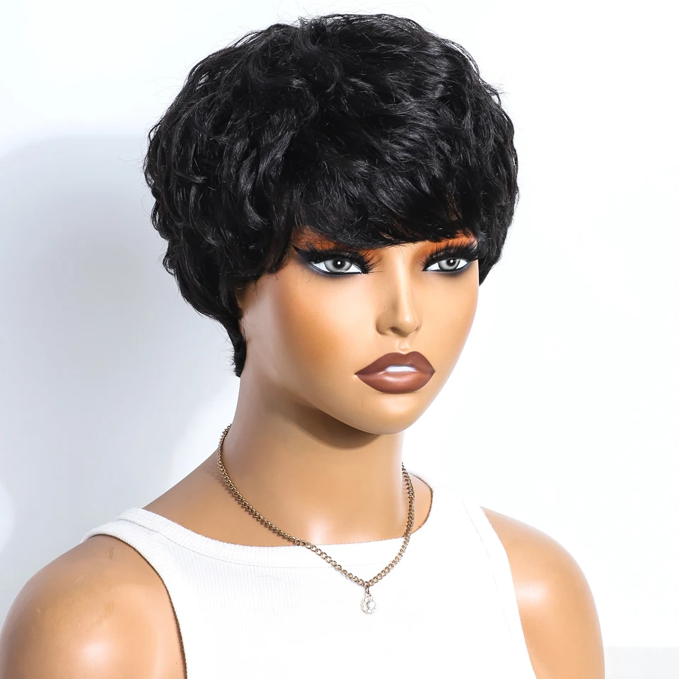 Lekker Natural Black Short Pixie Cut Curly 100% Human Hair Wig For Women Brazilian Remy Hair Colored Side Part Full Machine Wigs