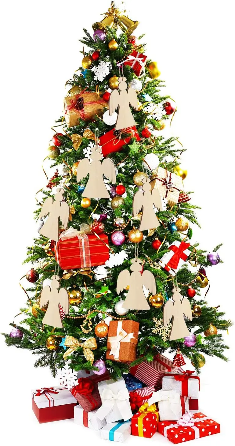 10 قطع خشبية على شكل ملاك القواطع الحرف اليدوية الخشبية الفارغة حلي معلقة مع 3 لفات خيوط لتزيين شجرة عيد الميلاد #6