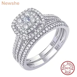 Newshe-anillos de boda de plata de ley 925 para mujer, conjunto de anillo de compromiso, conjunto nupcial, Halo de 1,6 ct, corte redondo, AAAAA, circón, 2 uds.