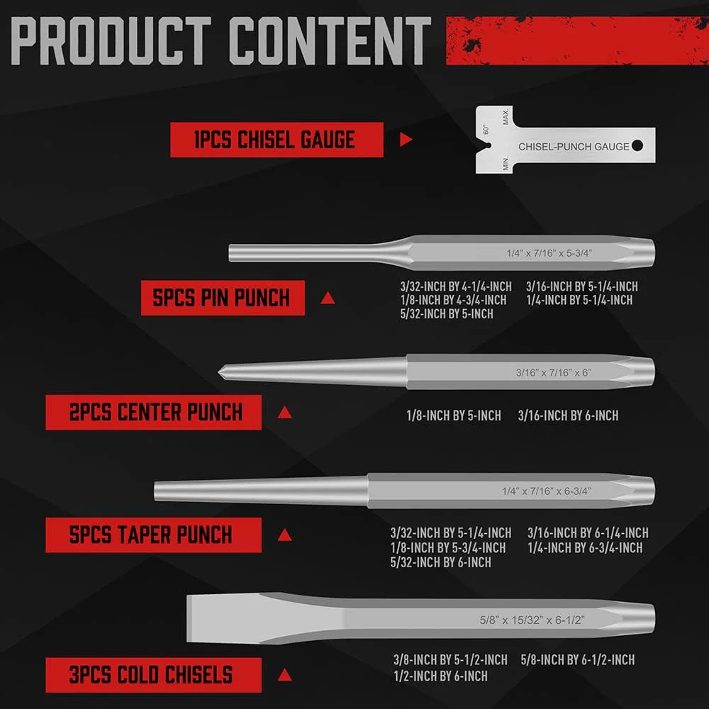 Set di punzoni e scalpelli da 16 pezzi, punta a scalpello CR-V, punzone conico, scalpello a freddo, punzone per spilli, punzone centrale, divisore a