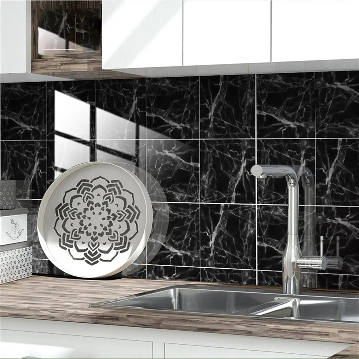 HITL Marble Decorative Adhesive Tile Stickers for Bathroom and Kitchen Tile Stickers,Waterproof Self-Adhesive Decoration B S