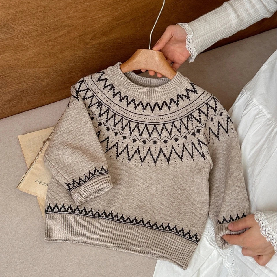 2026 Winter Kids Knit Sweater for Boys Girls Long Sleeve Knitted Pullover Vintage Toddler Warm Clothes 2-6 Years