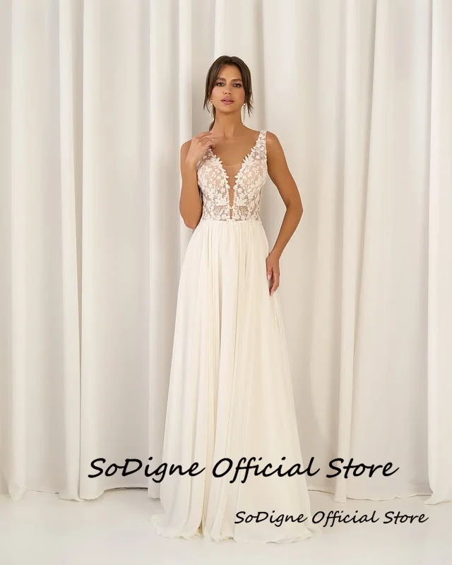 SoDigne Suknia Ślubna w Kształcie Litery A z Szyfonu Dekolt w Serek Bez Rękawów Aplikacje Suknie Ślubne Długie Suknie Ślubne vestidos de novia Szyte na Miarę