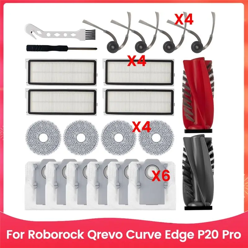 

Запасные части AT21 для пылесоса Roborock Qrevo Curve Edge P20 Pro: основная и боковые щетки, HEPA-фильтр, салфетка для влажной уборки, мешки для сбора пыли.