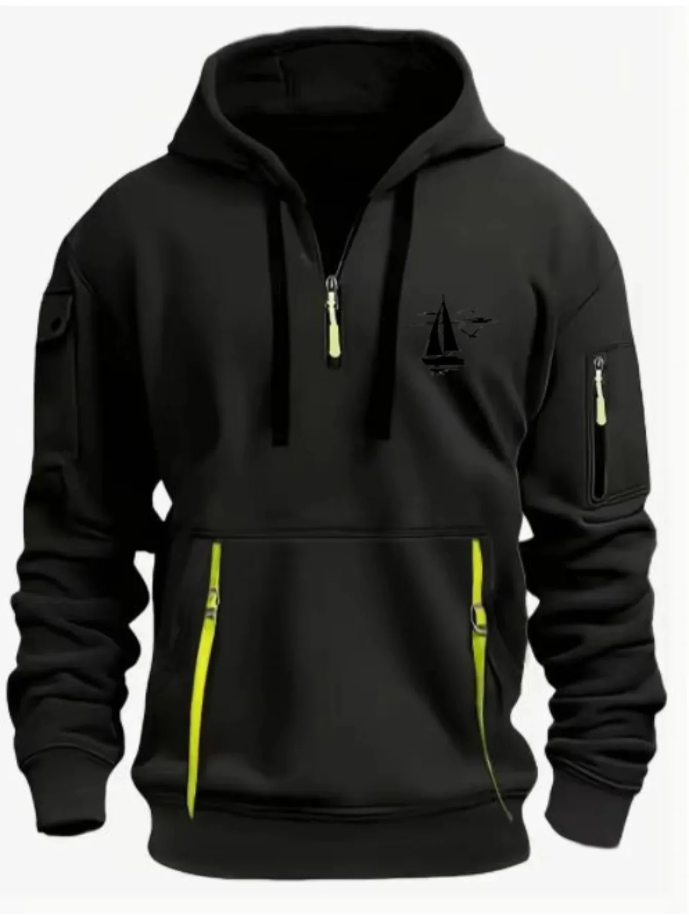 Autumn and winter men's and women's exquisite multi pocket zipper hooded sweatshirt with sailboat and sunset pattern prints