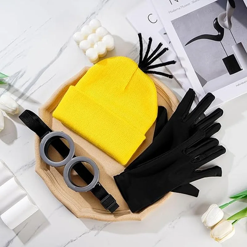 Minions Costume Accessories Set Yellow Knit Beanie Hat 3D Goggles Black Gloves Halloween Cosplay Outfit Kit Party Dress Up Props