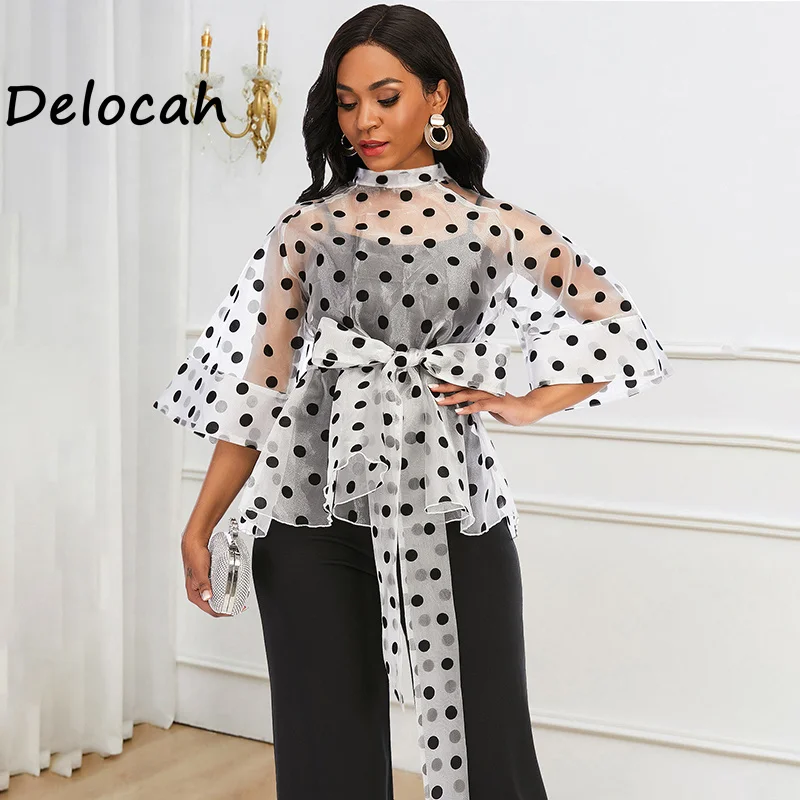 

Delocah 2026 Spring Women's New Fashionable Half High Collar Horn Short Sleeve Polka Mesh Tie up waist Top