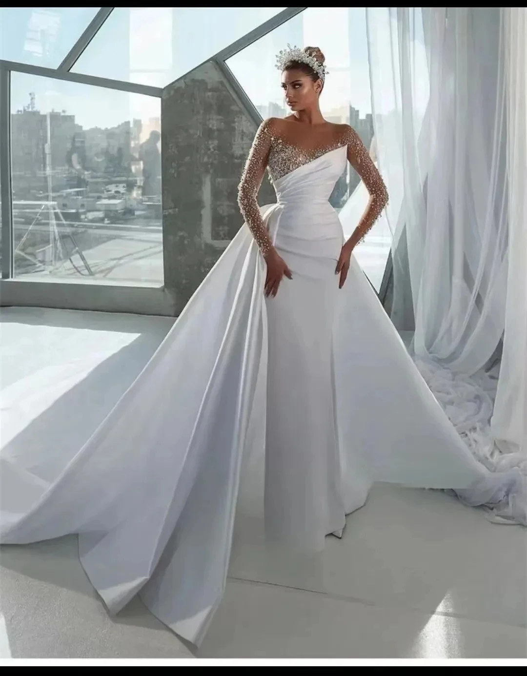 

Modern Detachable Train Wedding Dresses V Neck Long Sleeve With Beading Ball Gowns Pleat Satin Woman's Formal Bride Beach Party