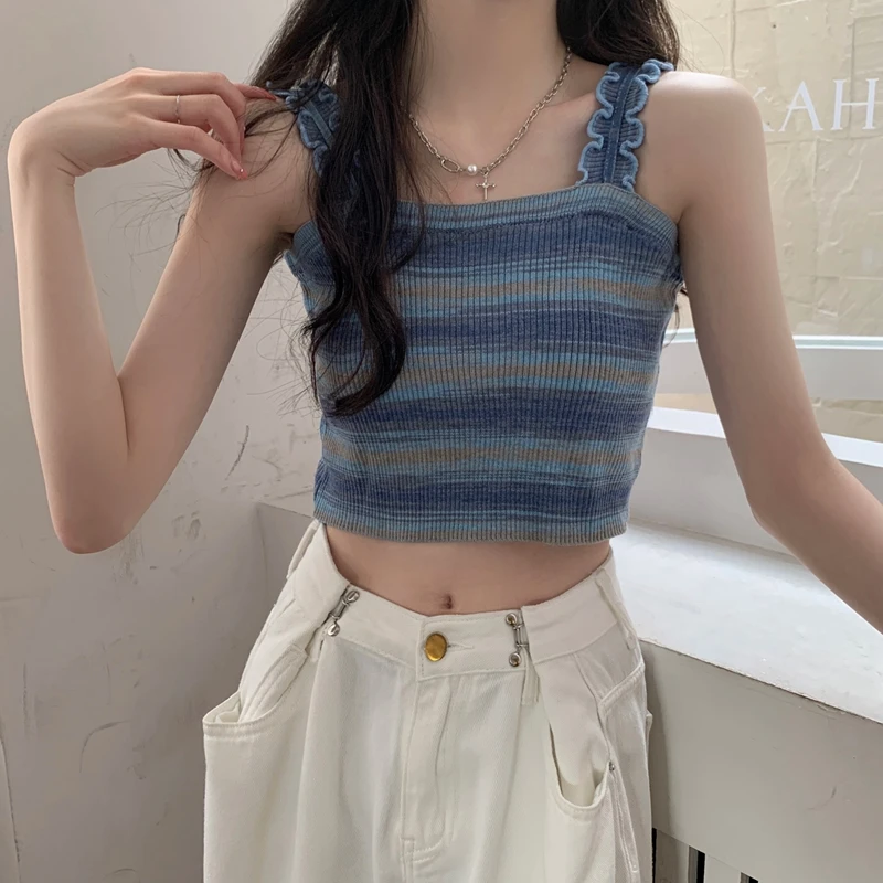 Striped Tank Top Female Casual Sweat Designed Chic Summer New Sleeveless Slim Korean Fashion Crop knitted Tops