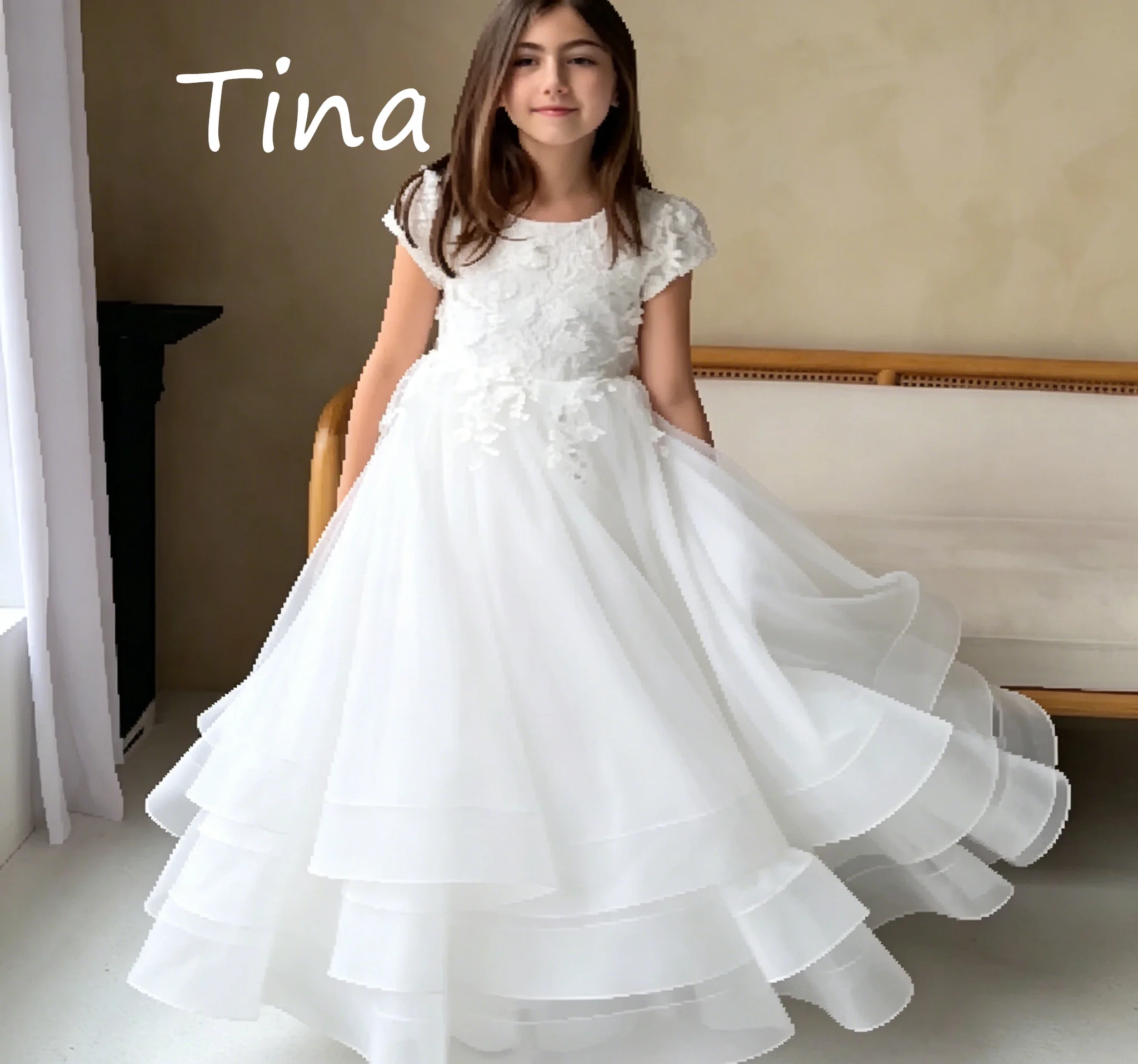 Princess Flower Girl Dress for Wedding Short Sleeve Applique Floor Lenght Infant Baptism Gowns First Communion Gown Custom