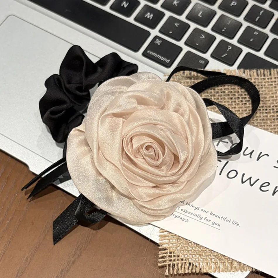 Girls Elegant Hair Tie French Bow Ponytail Holders Satin Scrunchies Organza Rose Stretch Rubber Band Vintage Hair Accessory HP01