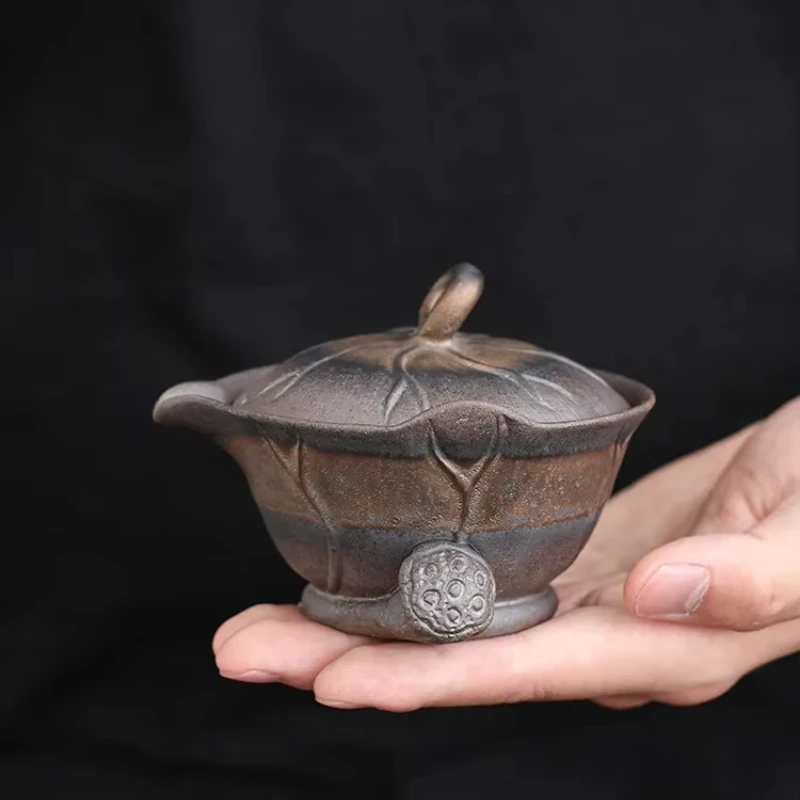 Folha de lótus pote de mão velha rocha lama dourada ferro esmalte kung fu conjunto de chá artesanal cerâmica grossa bule tigela de chá cerâmica gaiwan