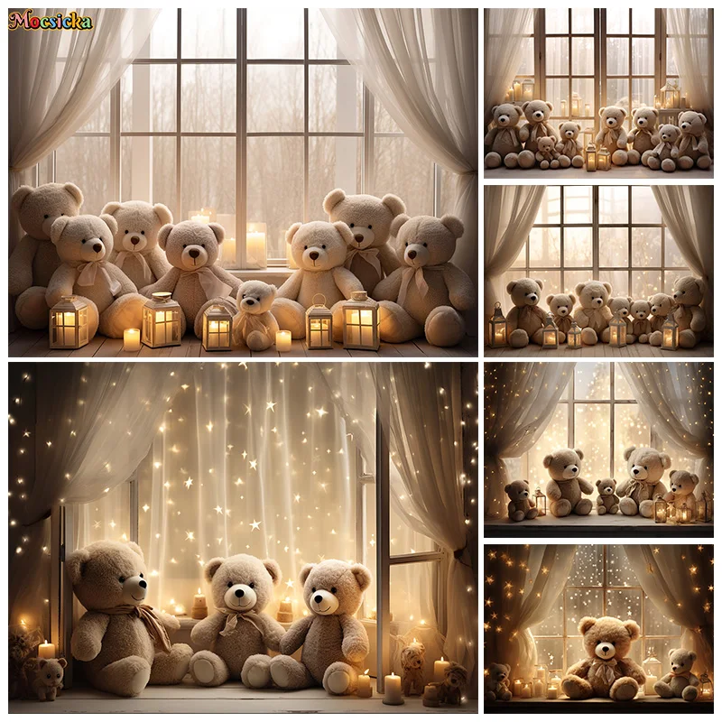 Mocsicka Photography Backdrops Baby Show Party Teddy Bear Candlelight Window View Backdrops Kids Portraits Happy Birthday Photo