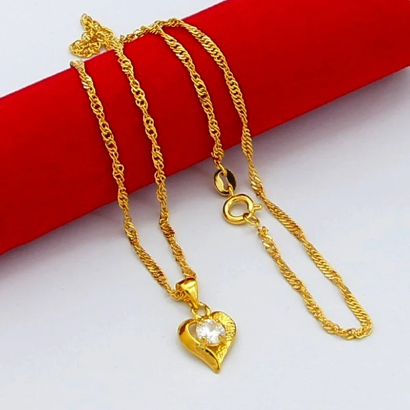 Genuine 24k Gold Necklace Zircon Heart Pendant Water Ripple Chain Necklace Electroplating Gold Jewelry Wedding Gifts for Women