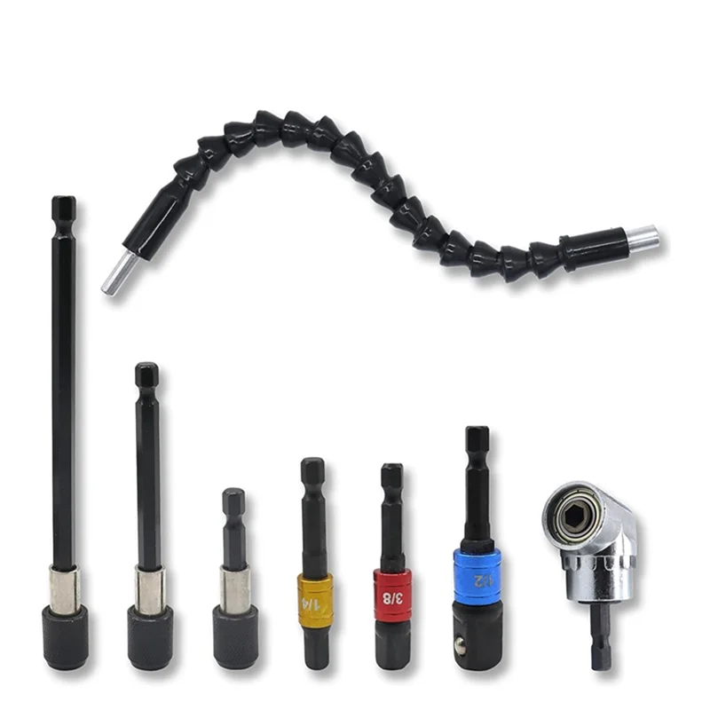 

ABAG Flexible Drill Bit Extension Kit 8Pcs, Hex Shank 105°Right Angle Drill Bit Attachment Kit Universal Socket Adapter