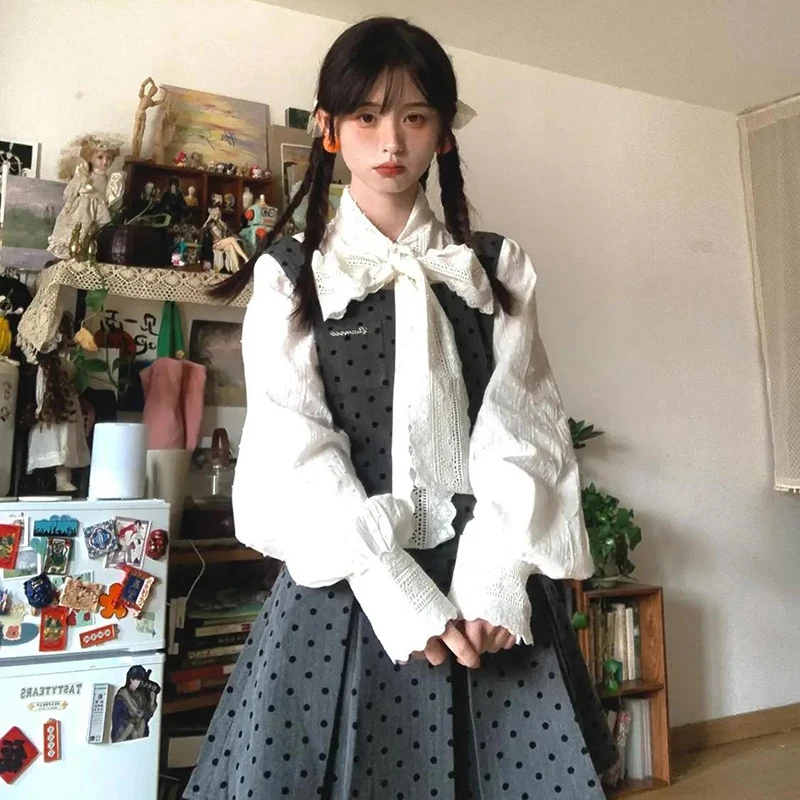 Ensemble 2 pièces en dentelle à pois doux: chemisier doux à manches longues avec nœud Vintage + robe Lolita plissée à bretelles d'inspiration Harajuku Jk