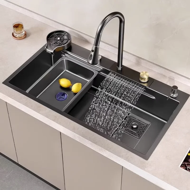 

Kitchen Stainless Steel Sink with Waterfall-style Pull-out Faucet Large Single Manual Vegetable Washing Sink