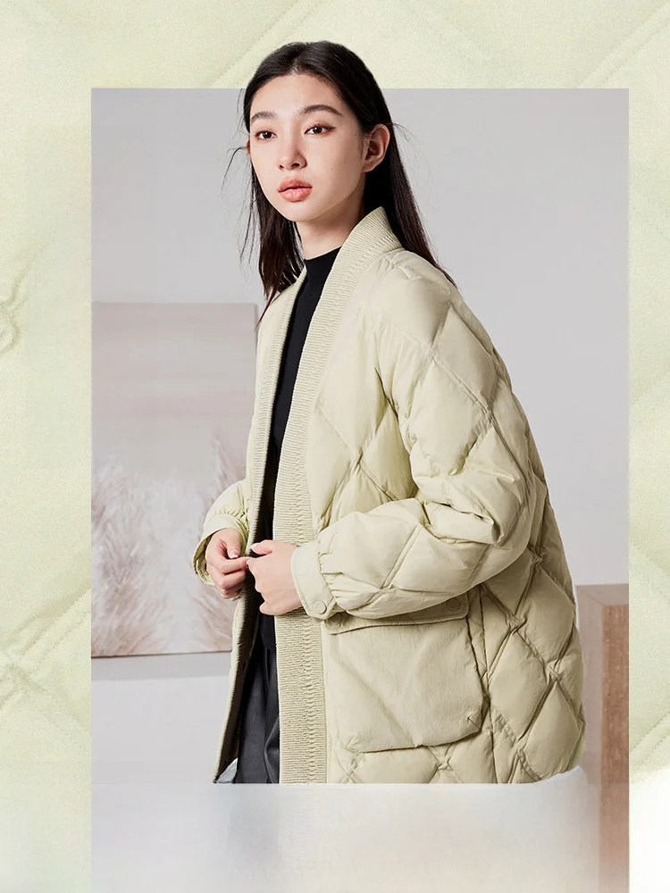 

Женская утепленная куртка Snow Mid-Fly для осени и зимы с V-образным вырезом, стеганая, с наполнителем из пуха, теплая верхняя одежда, модное пальто с ромбовидным узором