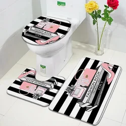 Pink Perfume Bath Mat Set Black White Striped Fashion High Heel Woman Girl Home Carpet Bathroom Decor Non-slip Rug Toilet Cover