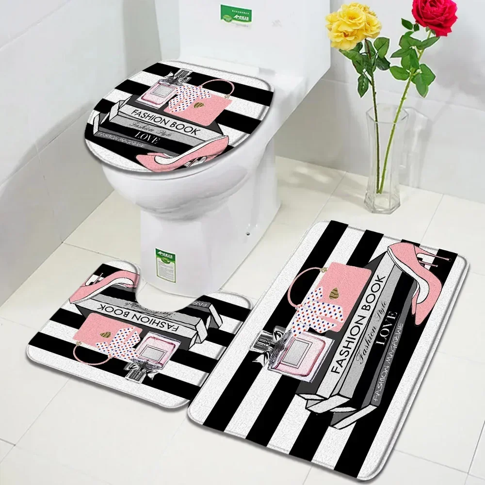Pink Perfume Bath Mat Set Black White Striped Fashion High Heel Woman Girl Home Carpet Bathroom Decor Antypoślizgowa nakładka na toaletę