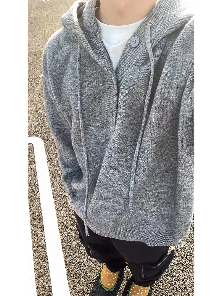 

American Sle Vintage ey Hoodie Men's Spring Autumn Cleanfit f Open Cardigan Loose V-ne Knitted Sweater Casual Wear