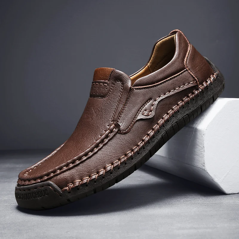2024Natural Leather Shoes Men Loafers Waterproof Autumn Casual Shoes Flats Anti-slip Rubber Breathable Comfort Walking Men Shoes